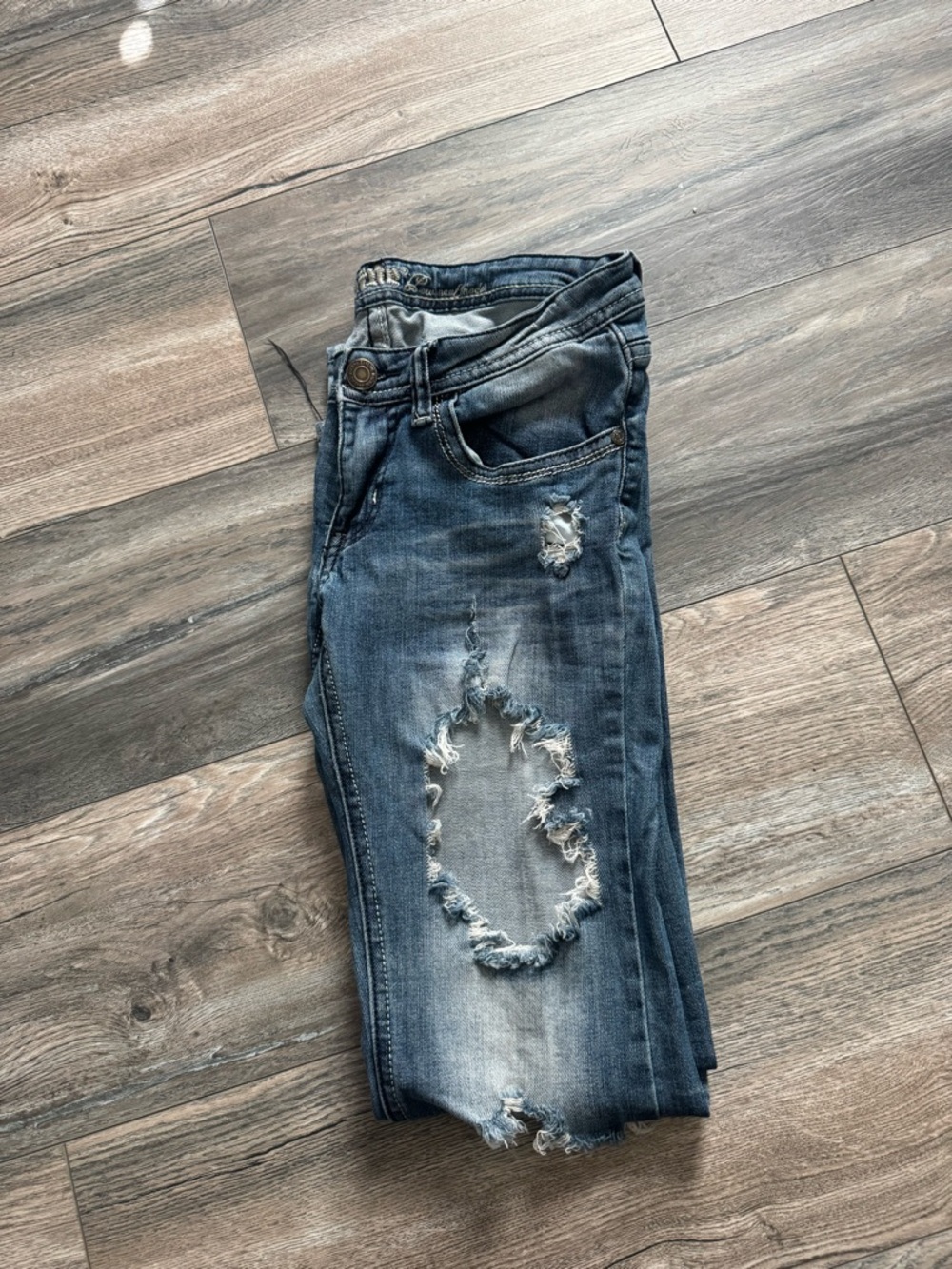 Machine Women's Boot Cut Distressed Blue Jeans